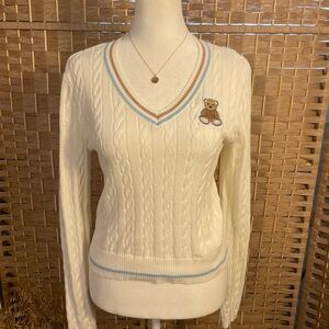 Women's Cream Cable Knit Sweater with Bear Patch